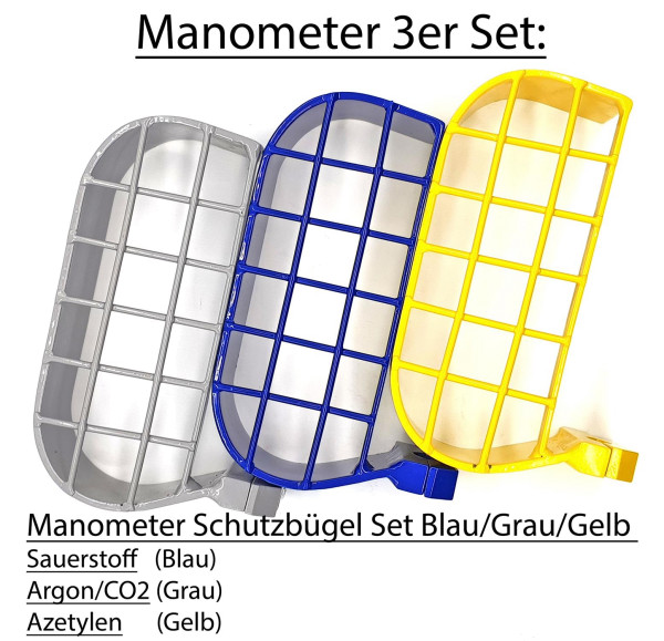 Manometer-3er Set Blau/Grau/Gelb Sauerstoff & Argon/CO2 & Azetylen